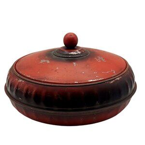 Vintage Mid-Century Modern Round Red Metal Sewing Notions Tin W/ Thread Tray